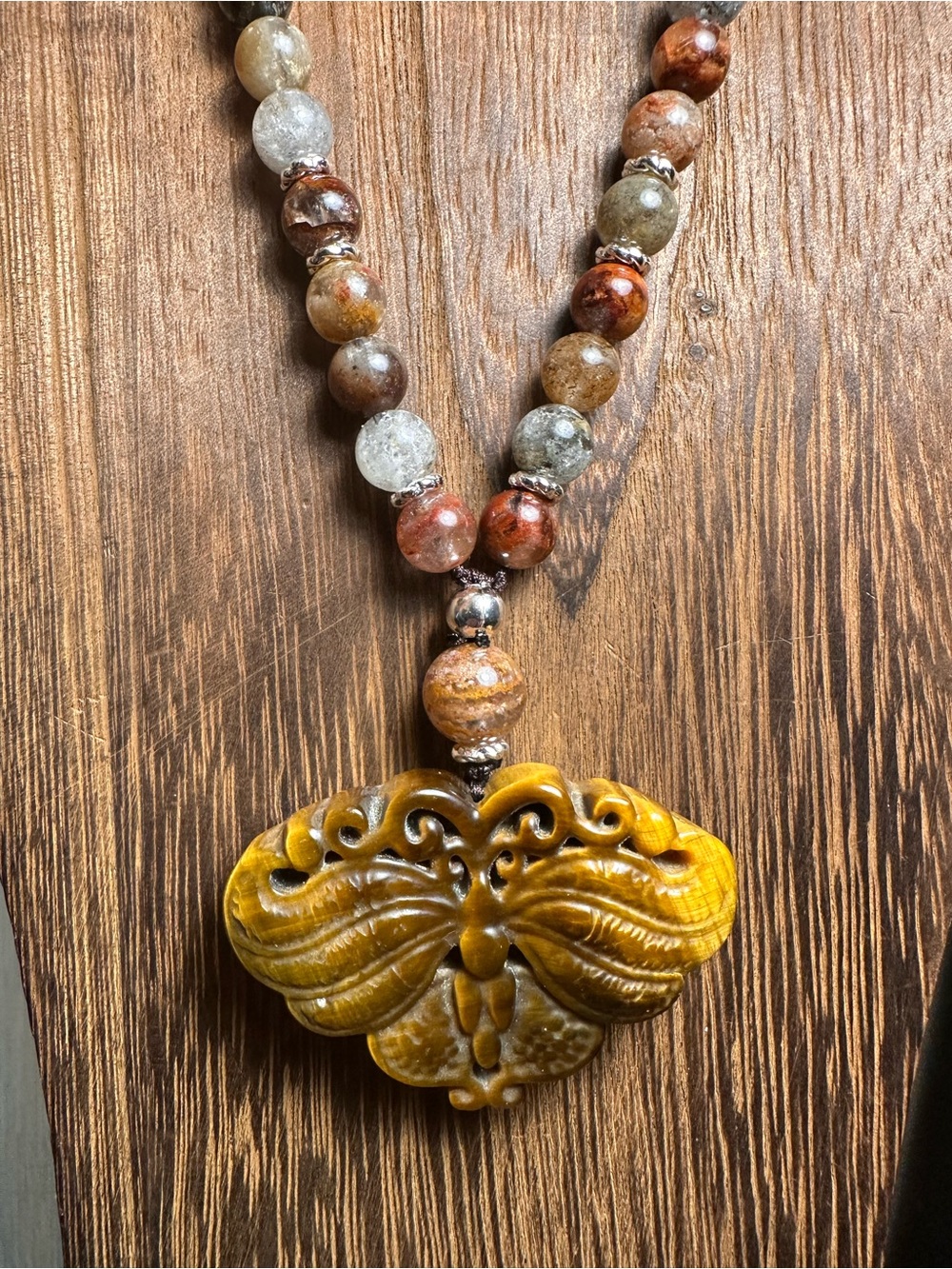 Tiger’s Eye Moth Pendant Necklace on Half Beaded Brown Adjustable Rope - Picture 12 of 15